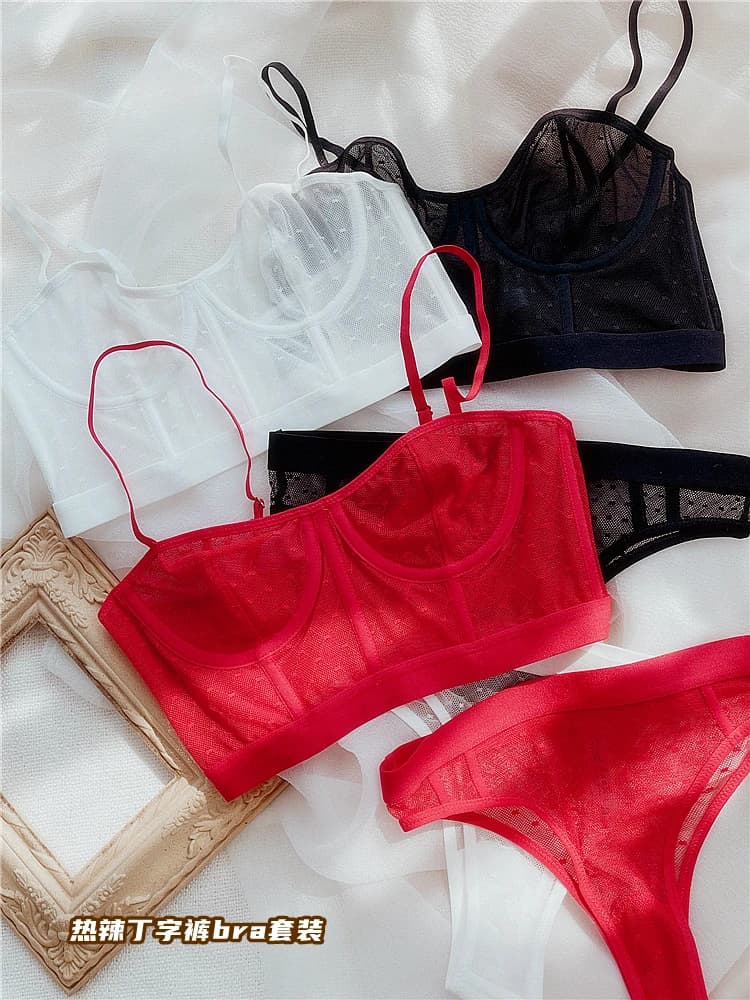 Reggiseno trasparente sexy in rete di pizzo ultrasottile, mezza tazza, anello in acciaio, supporto superiore, seni grandi, mostra un piccolo set di biancheria intima laterale