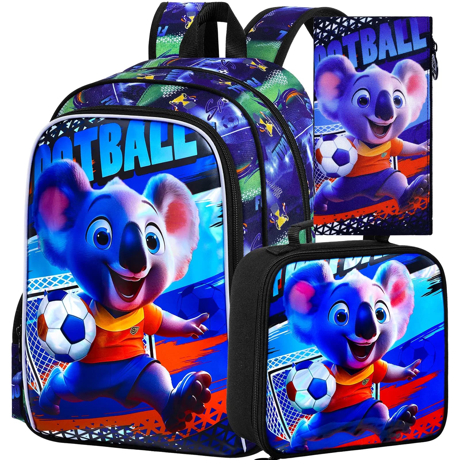 3Pcs Set 16 Inch Boys Backpack Cool Football Koala Print School Bag with Handbag Pencil Case for Little Boys School Use