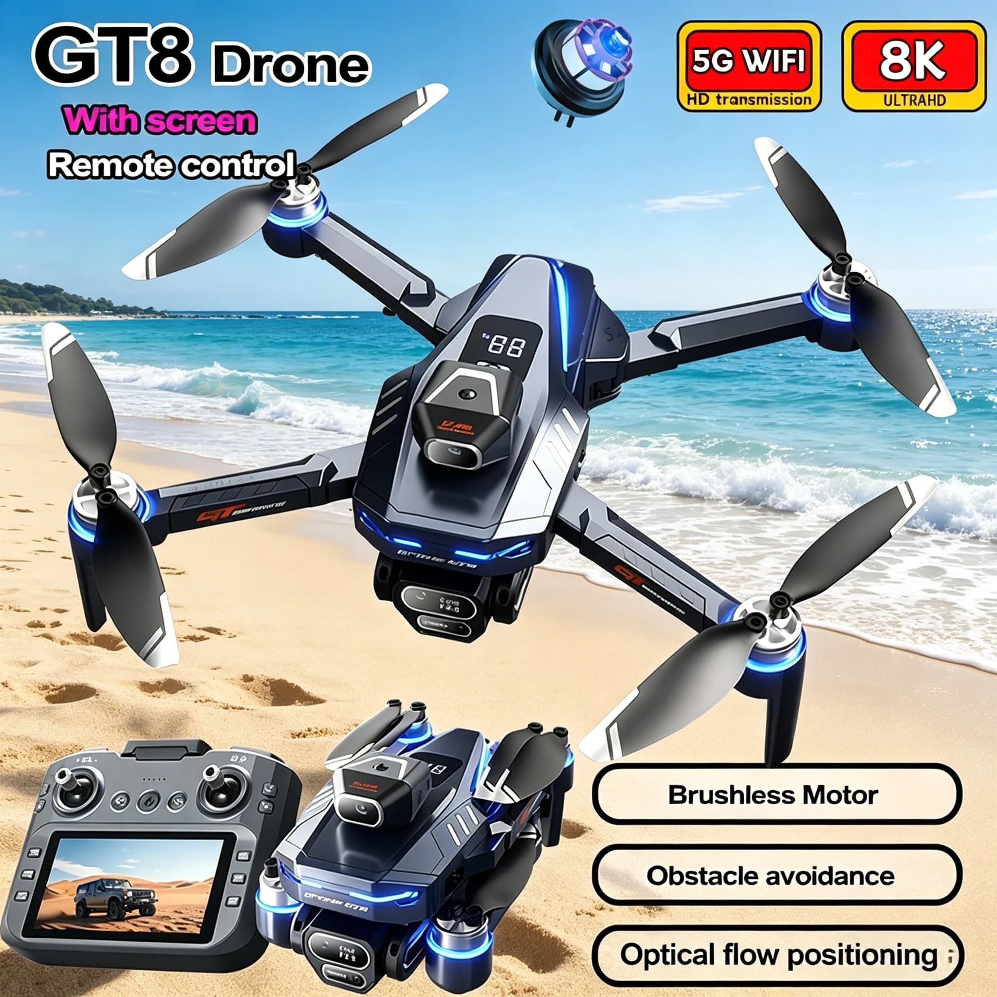 Nuovo Drone GT8 8K Professionale HD 360 ° Doppia Fotocamera 5G WIFI Motori Brushless Evitamento Ostacoli Quadricottero Pieghevole Giocattolo