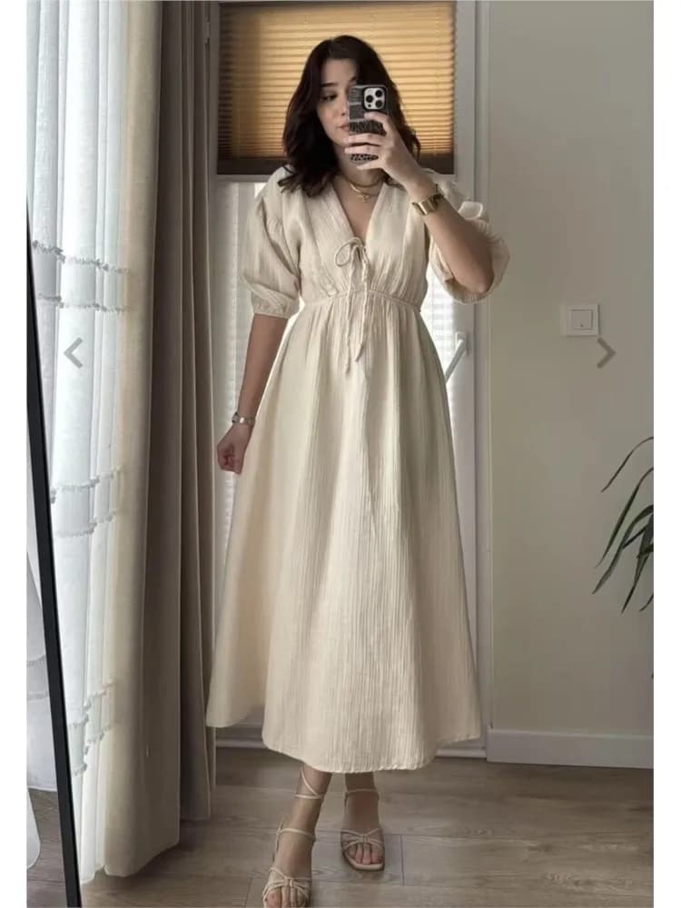 Abiti eleganti per le donne Abito sexy moda vintage Solido pizzo con maniche a sbuffo scollo a V Abito longuette 2025 Nuovi abiti femminili estivi