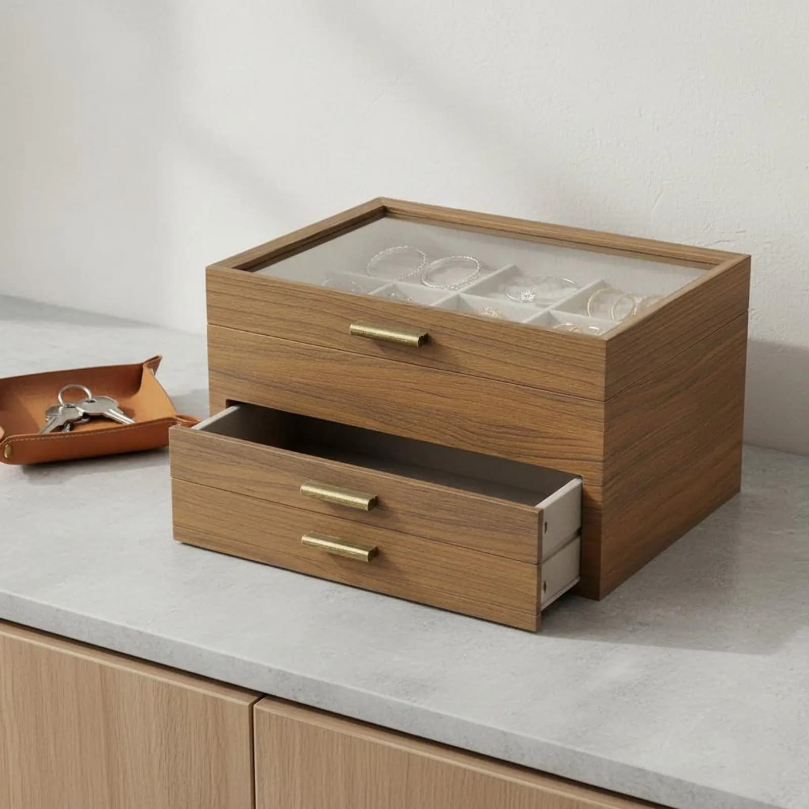 Organizzatore di Gioielli a 3 Livelli con Maniglia Dorata, Scatola Porta Gioielli con Cassetto, Resistente alla Polvere, Rivestito in Velluto per Toeletta
