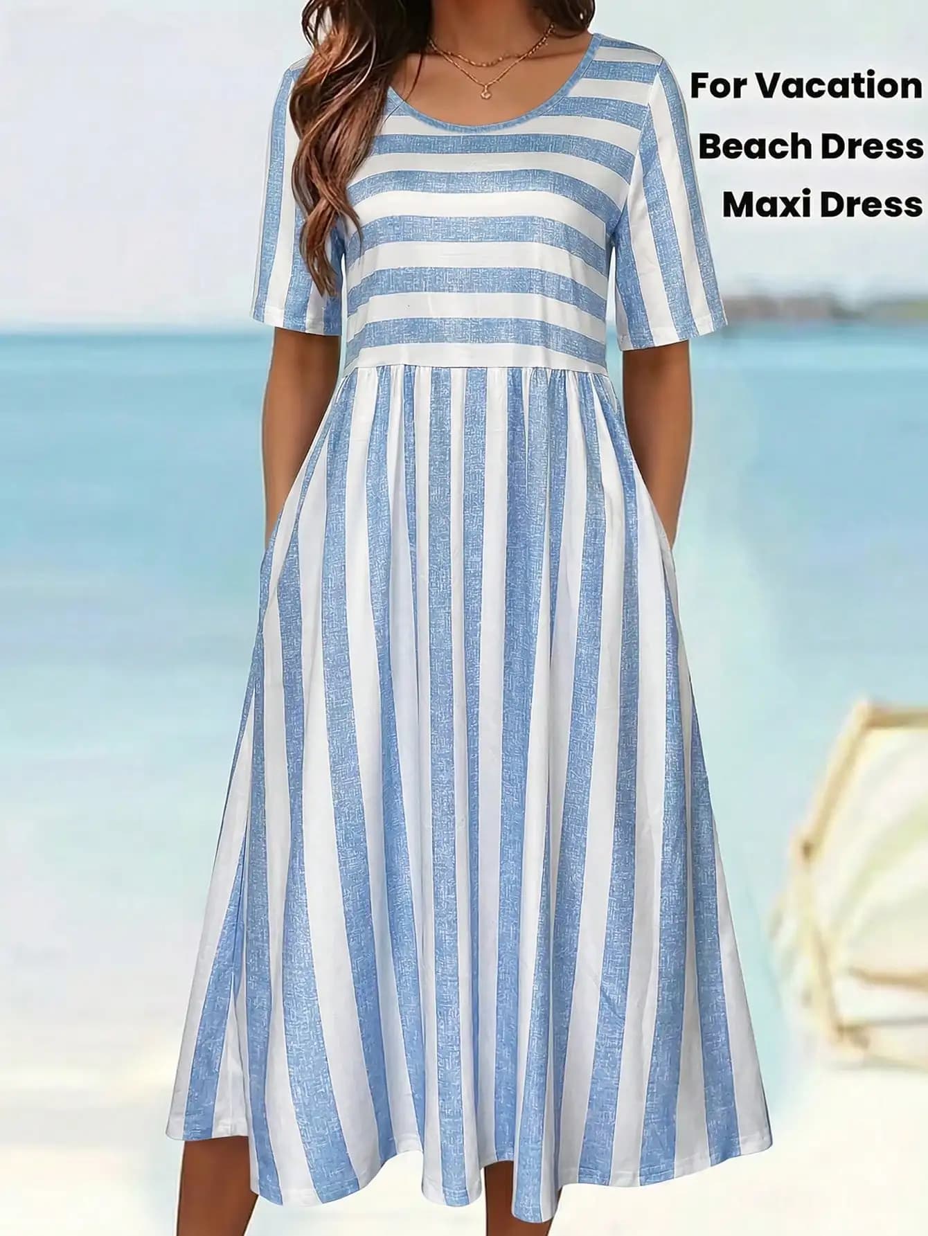 Abito midi da donna a maniche corte con stampa a righe e scollo rotondo, abito casual ampio a trapezio con tasche, vestito estivo da spiaggia per le vacanze