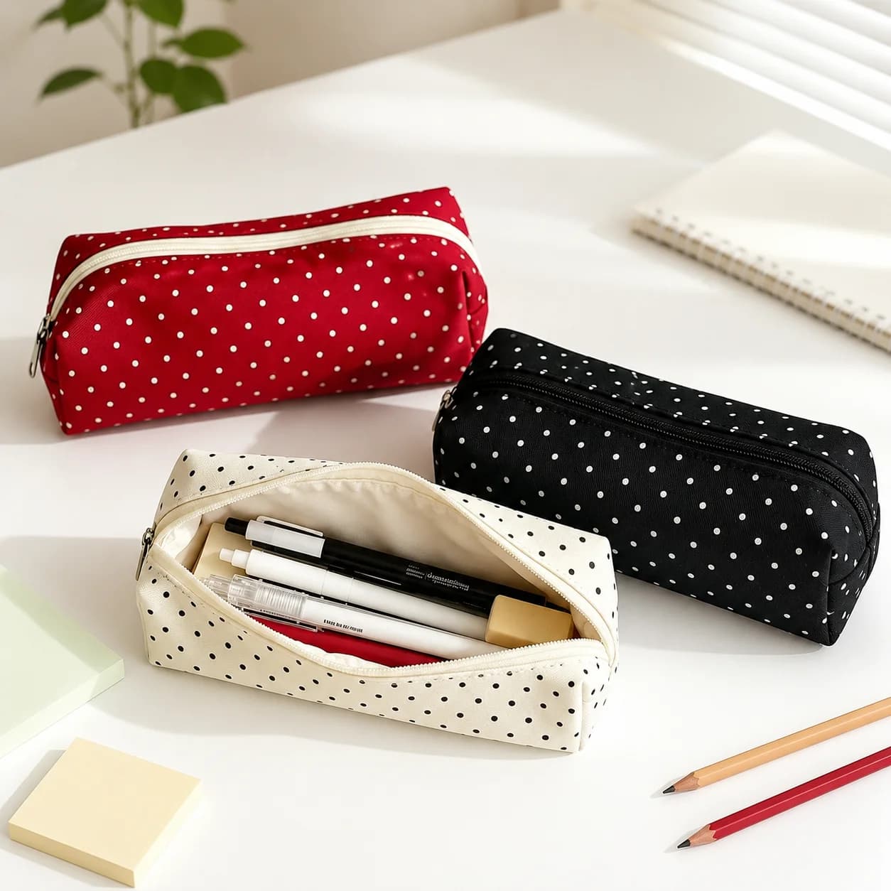 2026 Polka Dot Pencil Case Set Large Capacity Canvas Zipper Pen Pouch for Students School Office Travel Makeup Storage