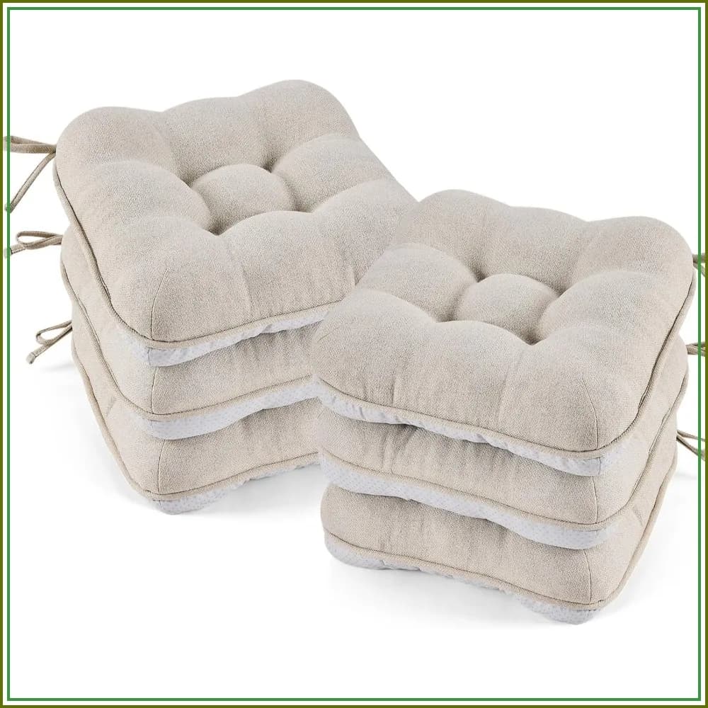 3.5" Thick Seat Cushions for Dining Chairs Set of 6, Non Slip Backing with Ties, 15.5"x15.5" Kitchen Chair Pads Beige
