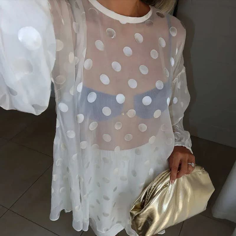 Mesh Transparent Loose Women's Sexy T-shirt O-neck Long Sleeve Spring Summer Casual Blouses Beach Wear Bikini Cover Up Top Tees