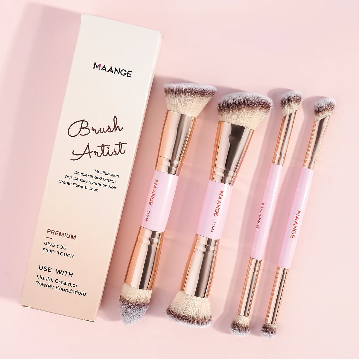 MAANGE Set of 4 Base Makeup Brushes with Box, Double Point Brushes for Fondotinta, Cipria, Blush and Eye Details, Ideal for Beginners and Travel