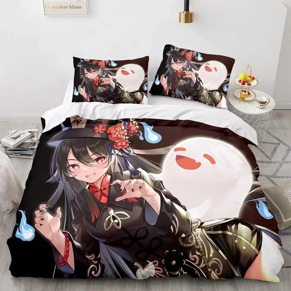Set di Biancheria da Letto Genshin Impact, Copripiumino Stampato, Set Completo con Federe, per Letto Matrimoniale, Queen o King Size, Decorazione per Camera da Letto
