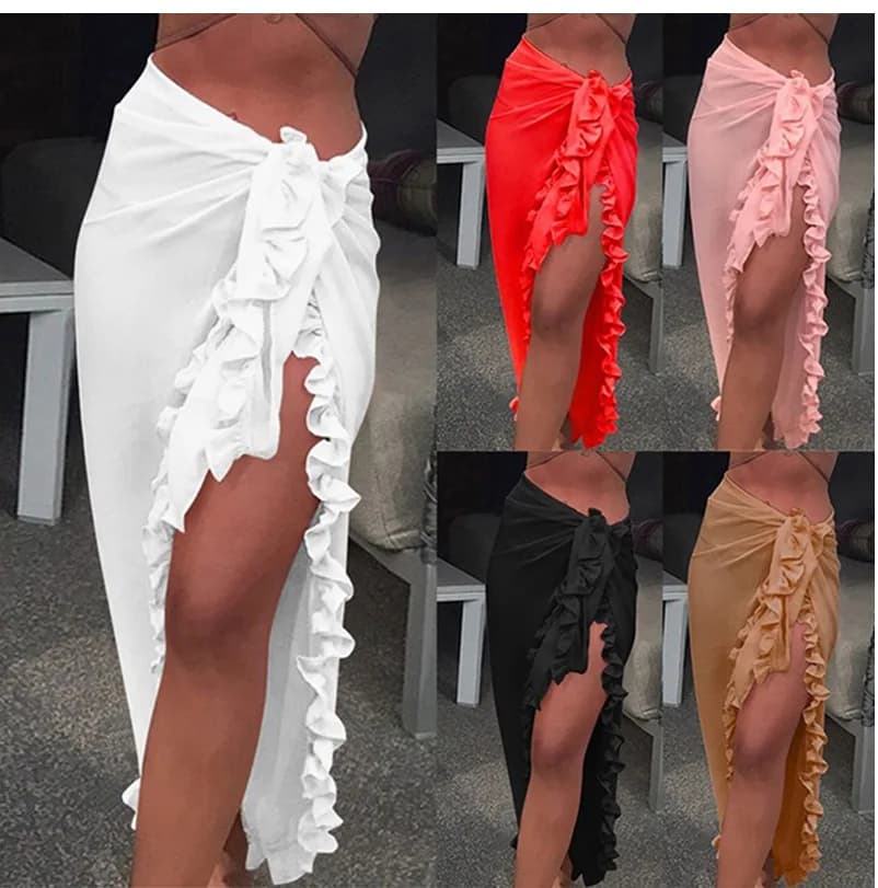 5 colors Ruffle Sarong for women 2024 Summer Solid Bikini Long skirt Beach dress Nuoto Solar protection Swim Cover Up Monokini