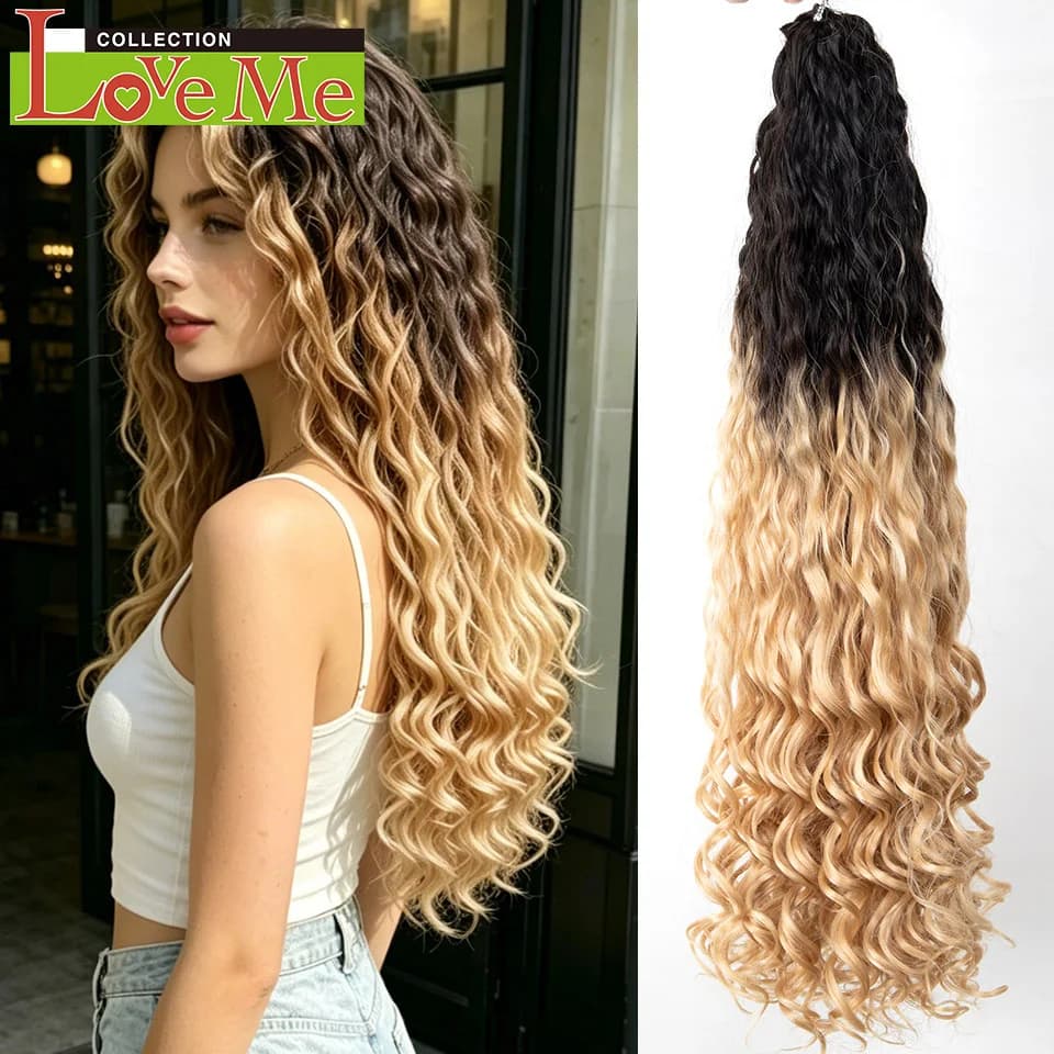 LOVE ME 22 inches Synthetic Curly Crochet Hair Water Wave Braiding Hair Pre Looped Ombre Blonde Hook Braids Hair Extensions