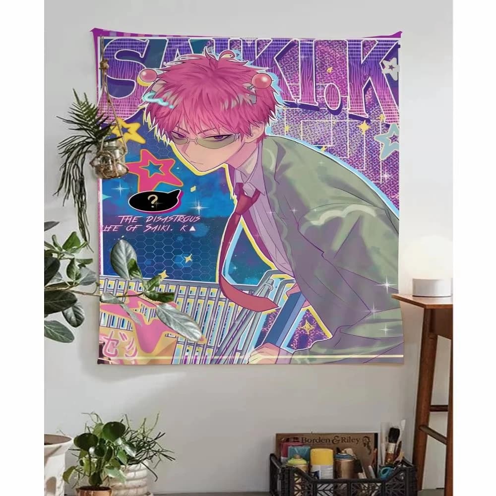 The Disastrous Life of Saiki K. Anime Tapestry, Saiki Kusuo Neon Style Wall Hanging, Background Cloth for Bedroom Dorm Decor