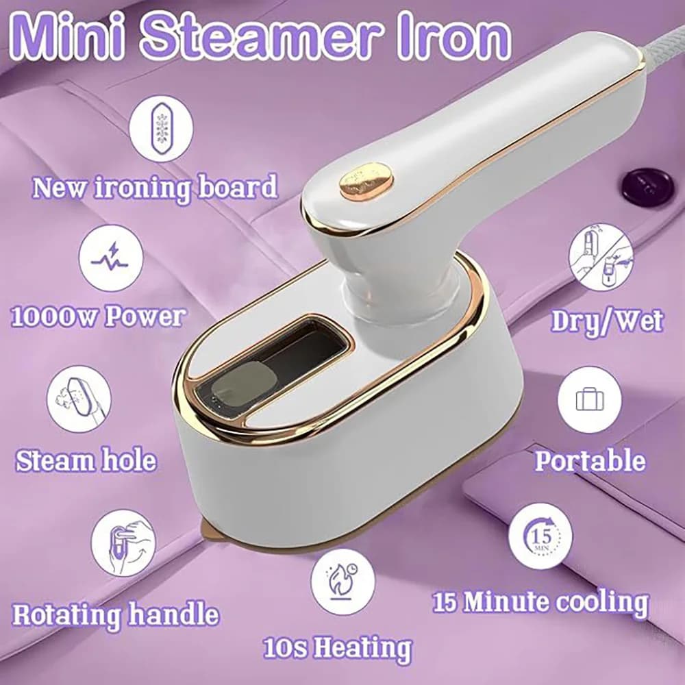Ferro da Stiro a Vapore Portatile Mini, Stiratore per Vestiti a Mano, Riscaldamento Rapido, Stiratura a Secco e a Vapore, Stiratore da Viaggio con Manico Girevole
