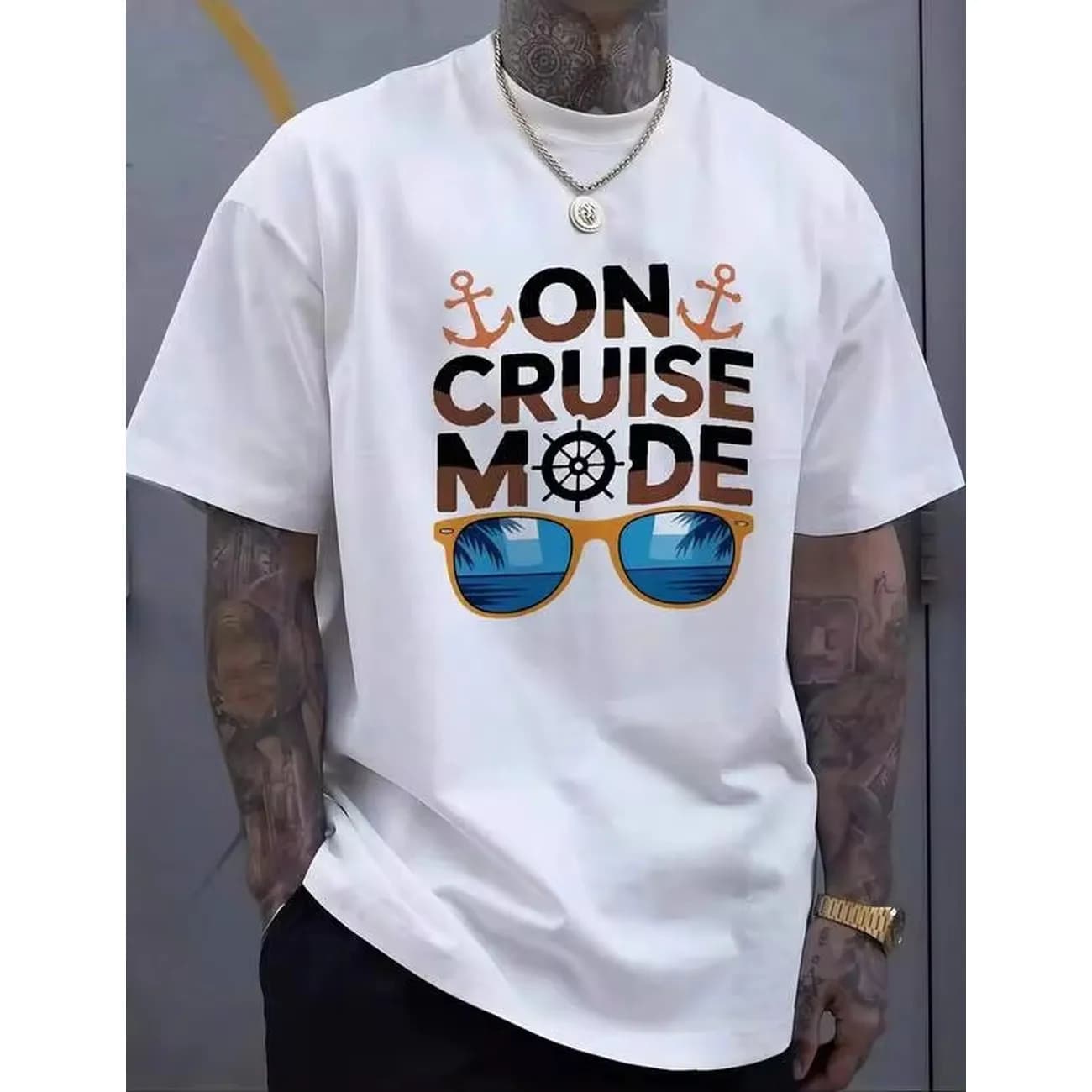 1pc Man S' Anchor Sunglasses Print White TShirt Crew Neck Casual Cotton Tee Medium Stretch Knit Fabric Regular Fit For Boys Man Perfect For //
