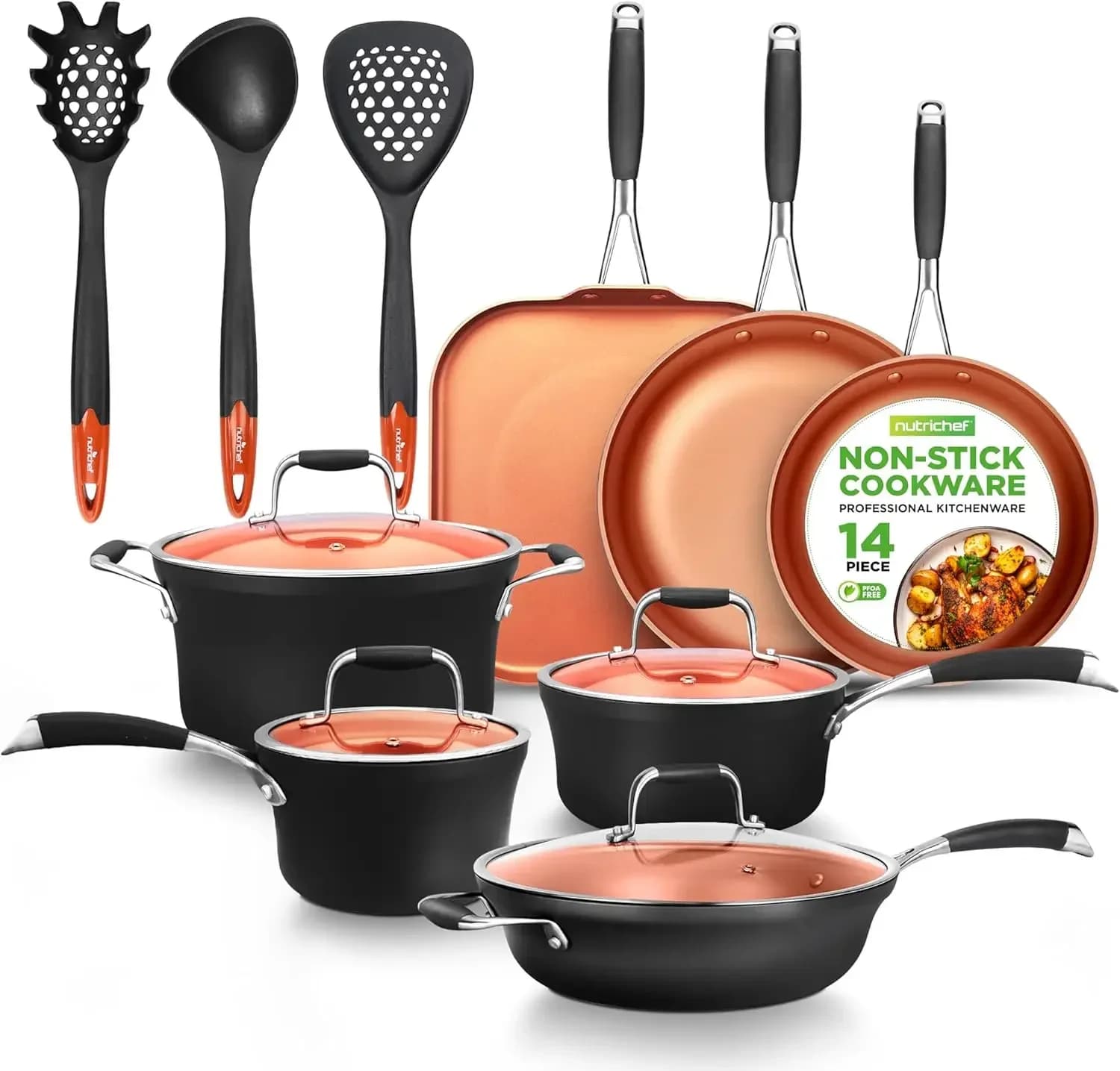 Set di 14 Pentole e Padelle Antiaderenti - Compatibili con Induzione, Pentole di Varie Dimensioni con Coperchi, Padelle Piccole e Medie con Coperchio Inclinato