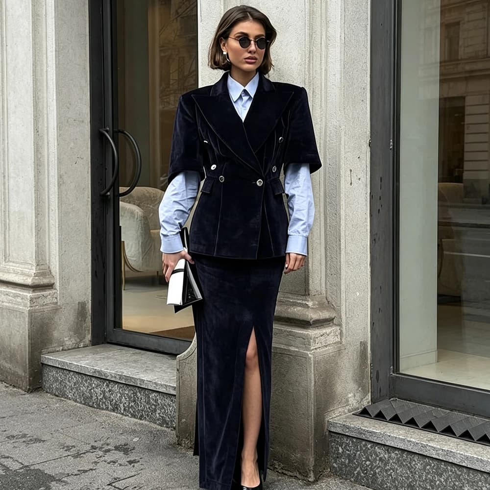 Women Dark Navy Velvet Suit Set Double Breasted Short Sleeve Blazer Slit Long Midi Skirt Formal Evening Party Cocktail Outfit