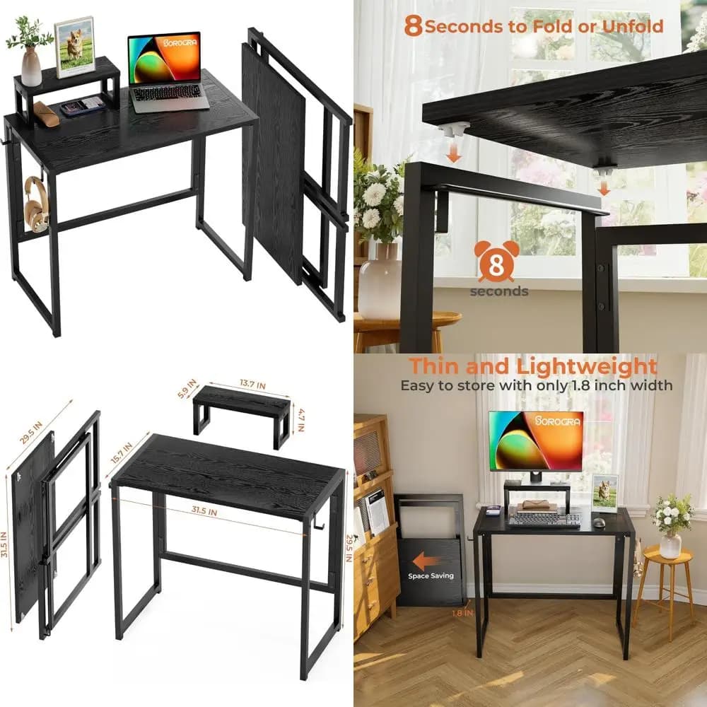 Foldable desk with monitor support, 31.5 inch folding computer desk with hook, sturdy space saving table for home