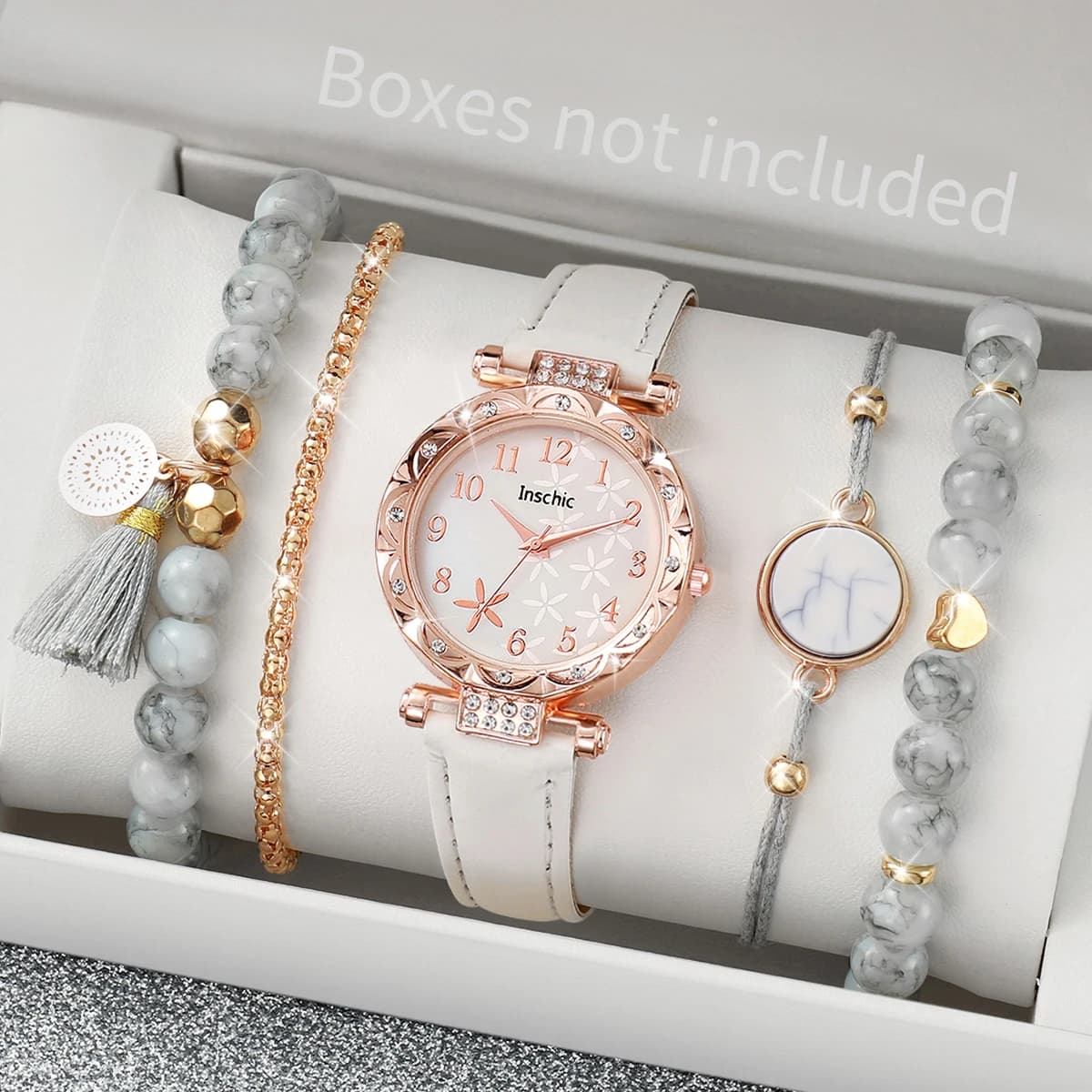 5PCS/Set Women Watches Bracelets Set Fashion Rhinestone Leather Band Quartz Watch Reloj Mujer（Without Box）