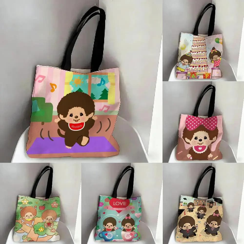 Vute Cartoon M-Monchhichi Storage Bags Canvas Tote Bag Double-Sided Print Fashion Shoulder Shopping Bag Gift Handbags