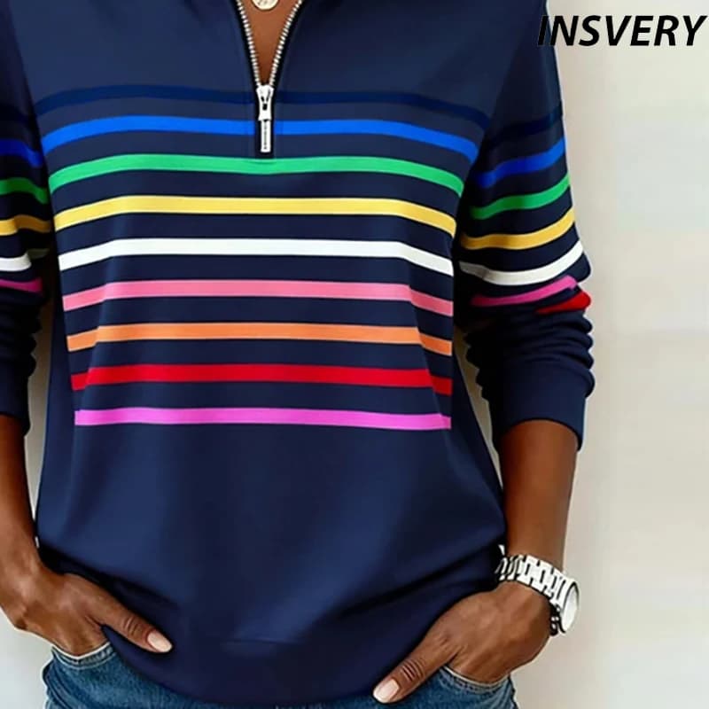Nuova Felpa Autunno Inverno con Stampa a Righe Arcobaleno, Camicia Casual da Donna con Maniche Lunghe e Zip, Pullover alla Moda