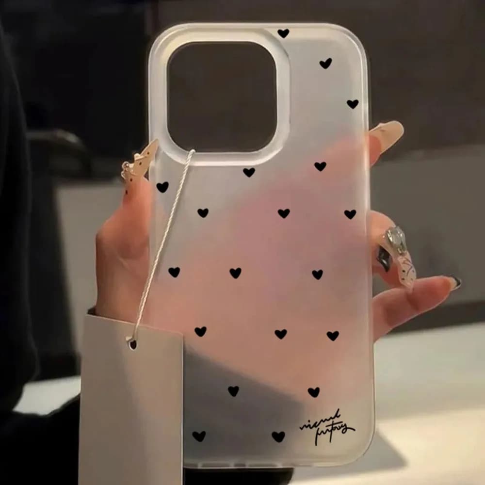 Fashionable black heart English pattern phone case suitable for iPhone 17 16 15 14 13 12 11Pro/Max/Plus anti drop and shockproof