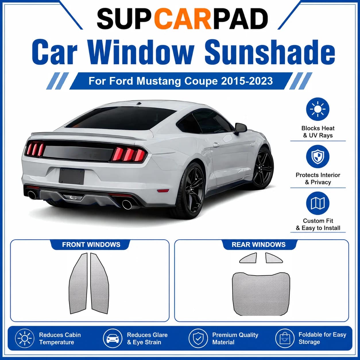 For Ford - Ford Mustang Coupe 2015-2023 Full Set Car Window Sunshades UV Block Privacy Heat Insulated Foldable Car Curtain