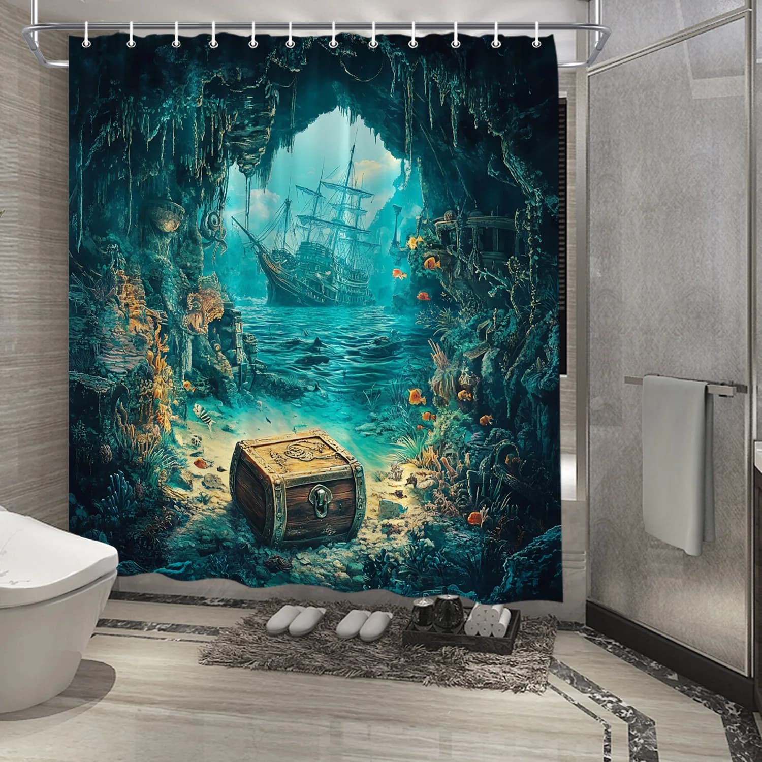 Tenda da doccia impermeabile con stampa di grotta subacquea mistica, scrigno del tesoro e tenda divisoria per WC di fascia alta con design di navi