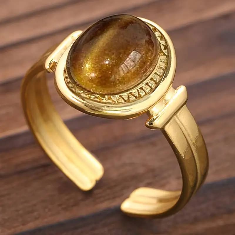 Huitan Elegant Women's Openable Ring Color Gold with Stone Imitation Tiger Eye Style Bohemien Accessory Charming Jewel for Party and Daily Use