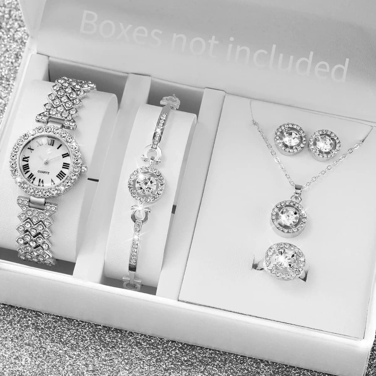 Set di 6 orologi da donna di lusso con strass, cinturino in argento, quadrante Roma, orologio al quarzo, set di gioielli (senza scatola)