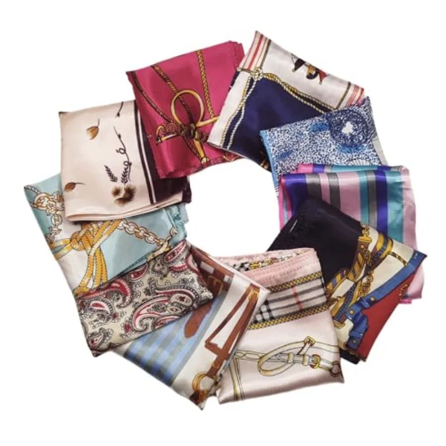 10 Pack 19.7in Women Satin Square Neck Scarf with 10 Patterns Vintage Small Neck Bandana, Silk Feeling Fashion Head Scarves for
