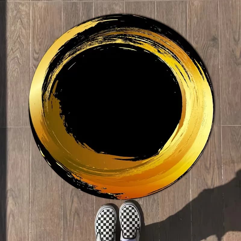 Modern Minimalist Golden Black Swirl Round Rug Brush Stroke Circular Optical Illusion Soft Carpet for Bedroom Entrance Decor