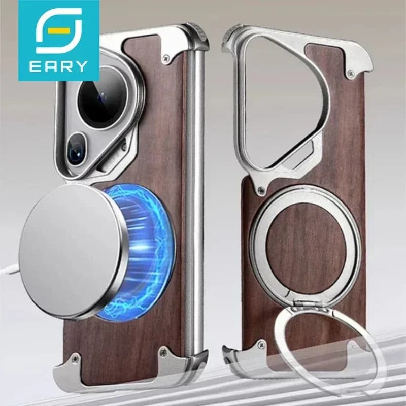 Custodia per telefono Eary per Huawei Pura 70 Ultra con Magsafe 360 ° Copertura protettiva P70 per paraurti senza telaio in legno con supporto magnetico girevole
