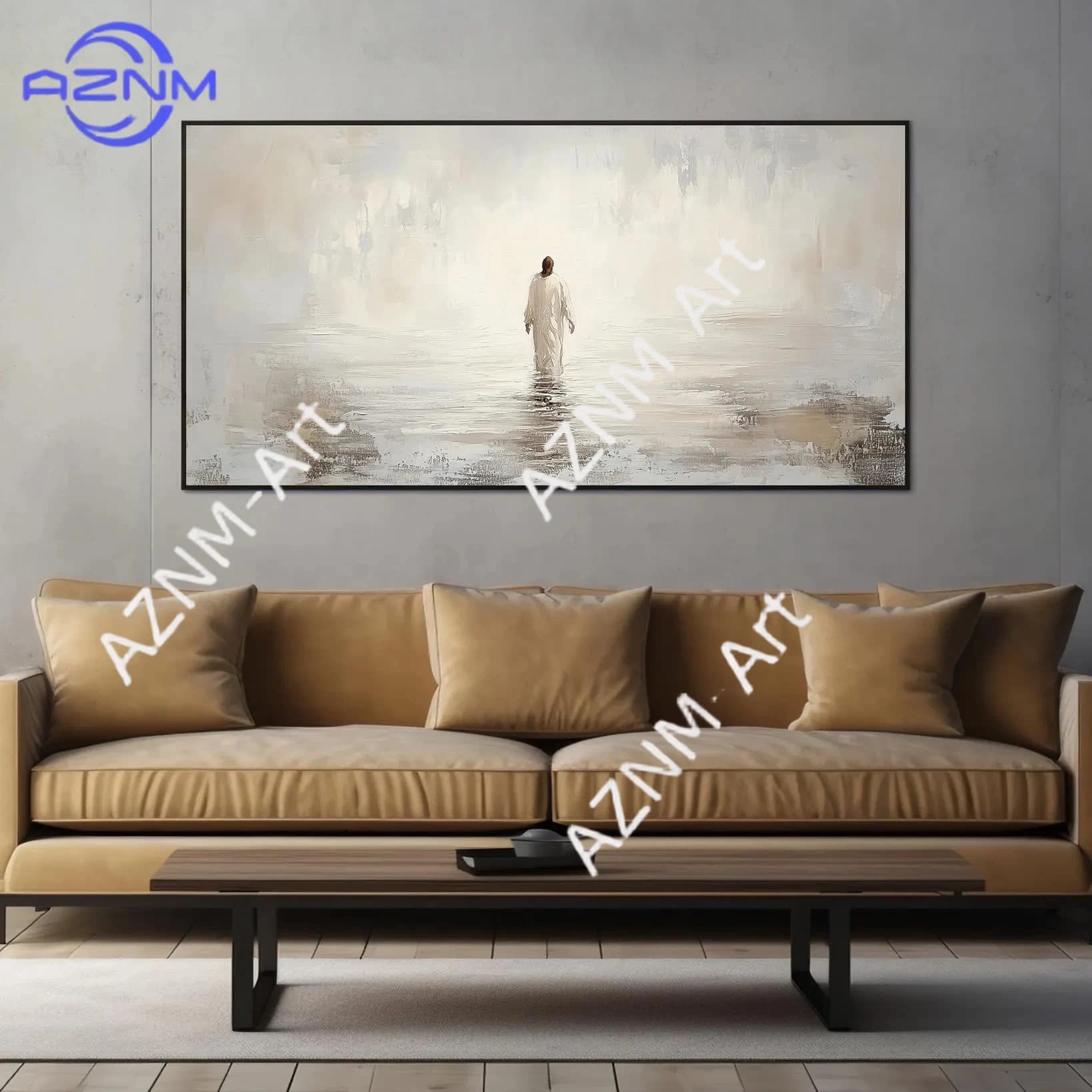 1PC Jesus Walking on Water Minimalist Beige Abstract Print, I Will Walk With Christ Fine Art Bible Oil Painting Christian