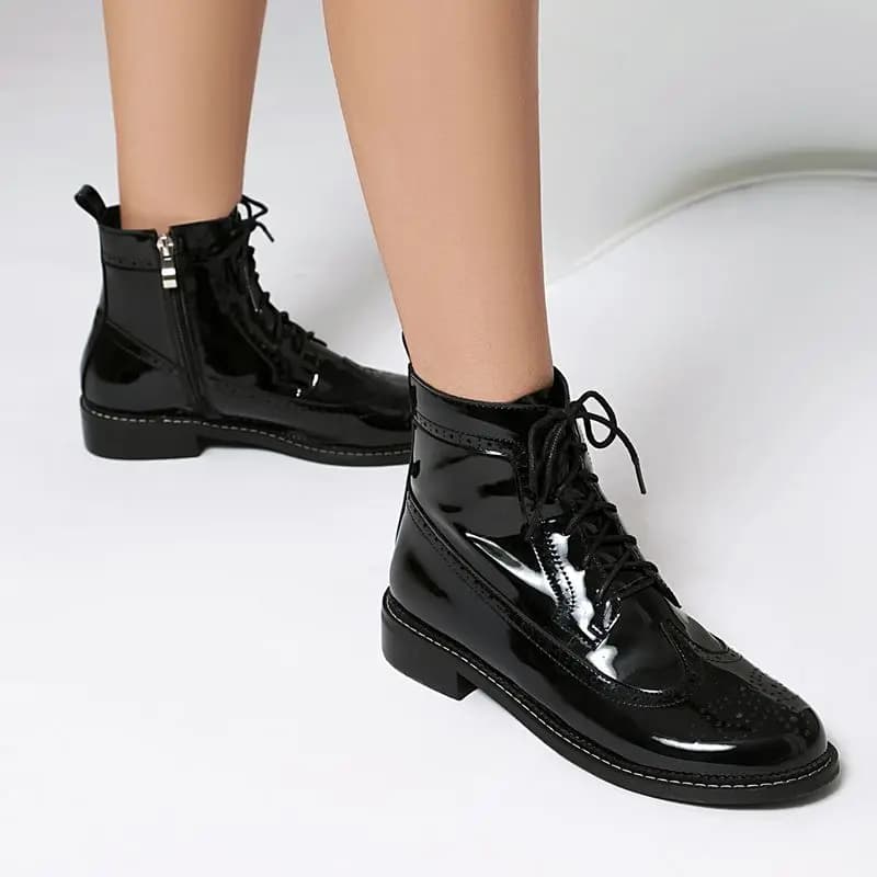 ORCHALISA 2025 Shiny Women Ankle Boots Round Toe Block Heels 3.5cm Zipper Lace Up Large Size 46 47 48 British Style Summer Bota
