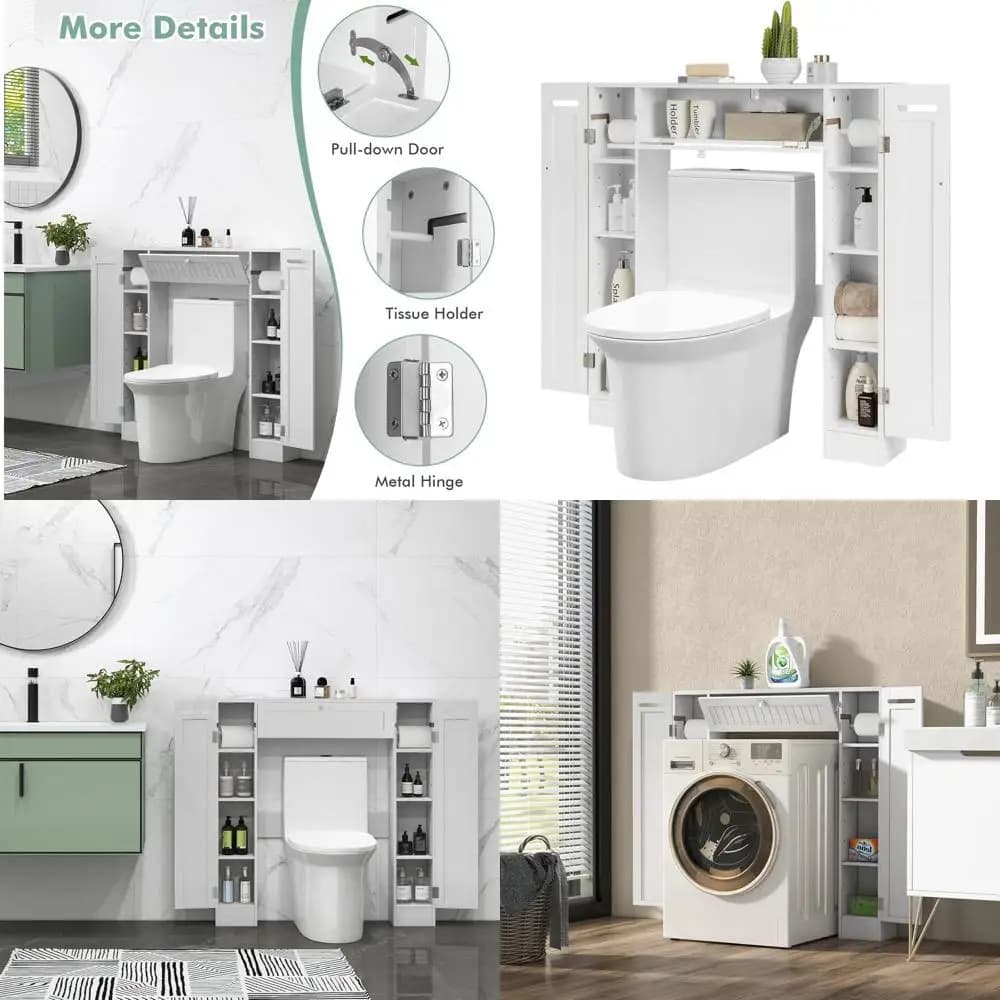 Mobiletto salvaspazio sopra il WC con 2 ante, ripiani regolabili, portarotolo, bianco