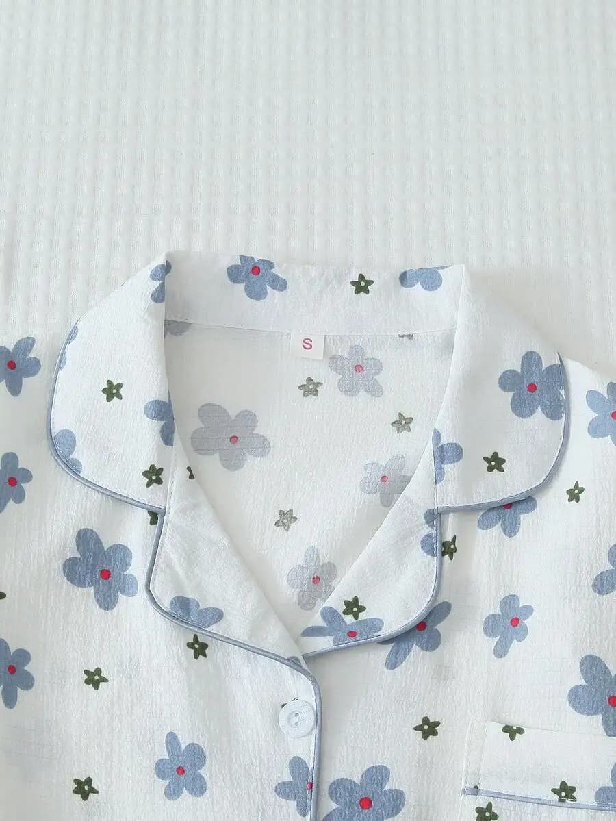 Womens Blue Floral Print Short Sleeve Button Down Pajama Set Summer Loungewear