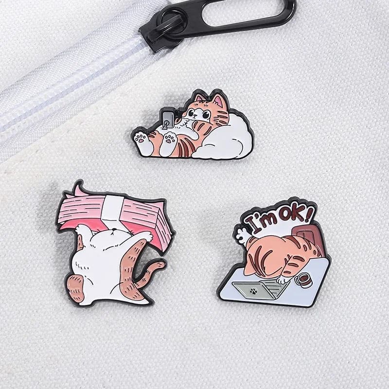 I'm OK Office Work Cat Enamel Pins Cartoon Cat With Money Brooches Backpack Clothes Lapel Badge Funny Jewelry Gift for Friends