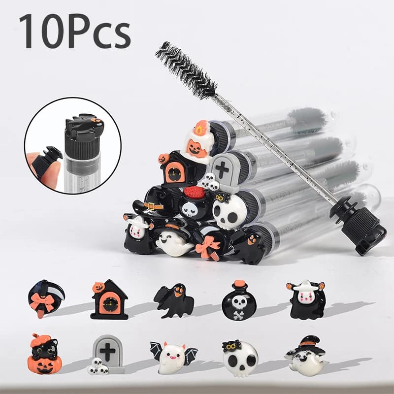10Pcs Halloween Mascara Wands with Tube Spooky Lash Eyebrow Spoolie Brush Extension Tool Horror Makeup Kit Party Beauty Favors