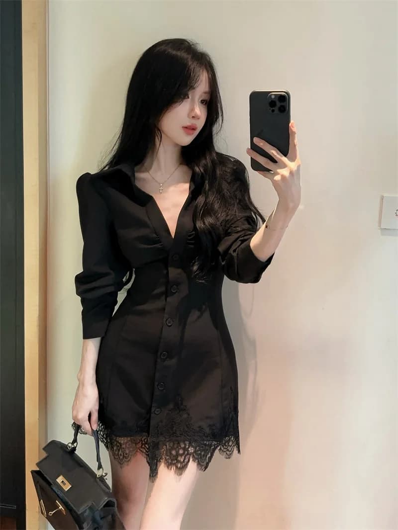 Abito camicia moda casual coreana estiva Abito da donna a maniche lunghe con scollo a V in pizzo monopetto Mini abito High-street Chic Clothing