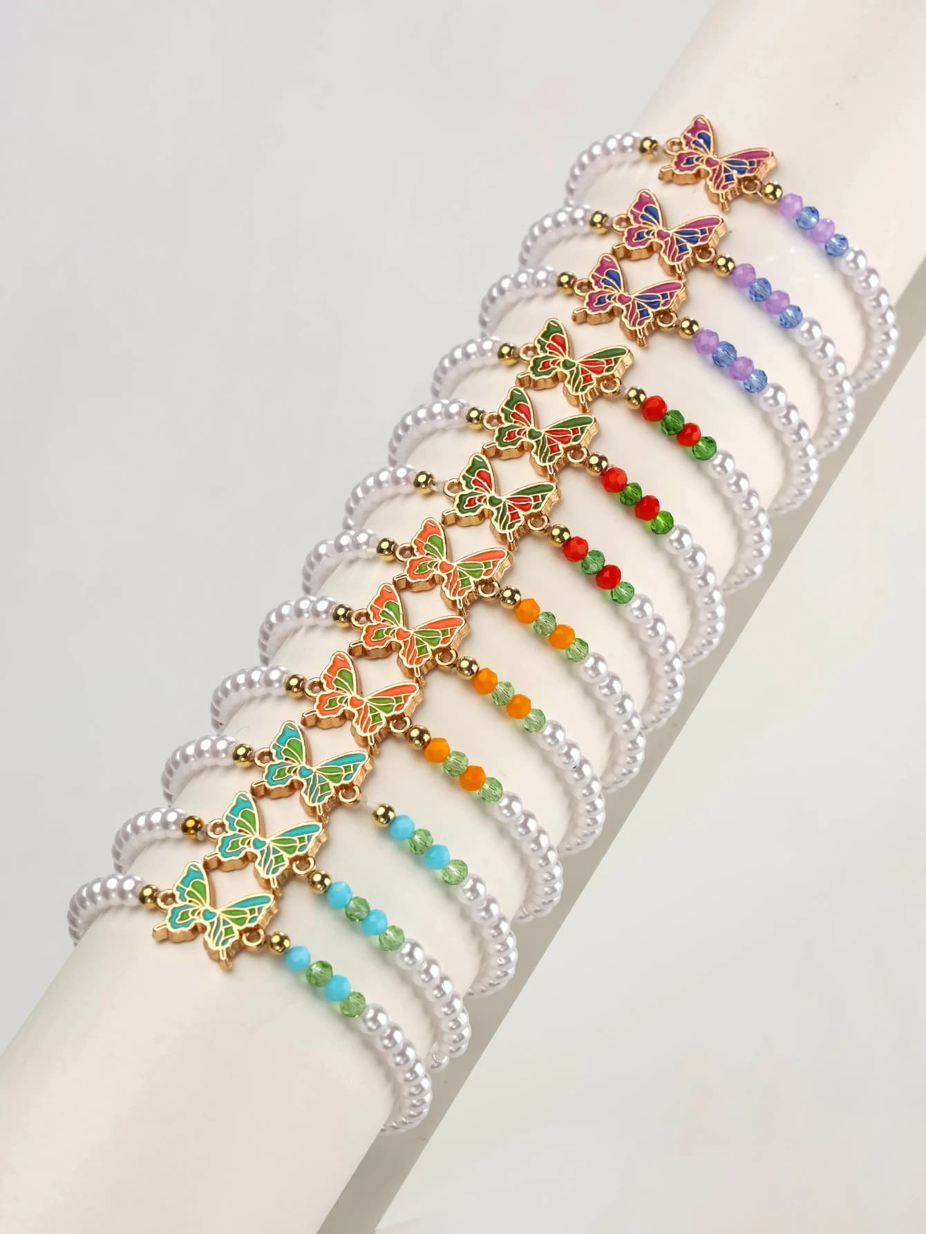 12 Summer New Bohemian Imitation Pearl Drip Oil Butterfly Double Hanging Elastic Stretch Stacked Bracelet Set