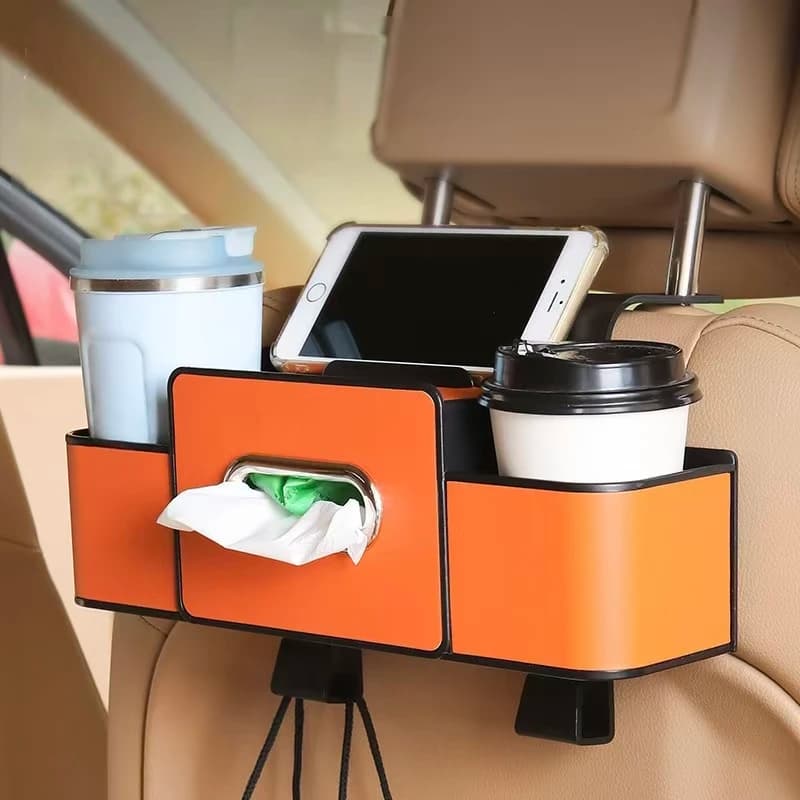 Car seat backrest storage box with tissue box and adjustable hook, convenient for placing snacks and drinks, easy to install