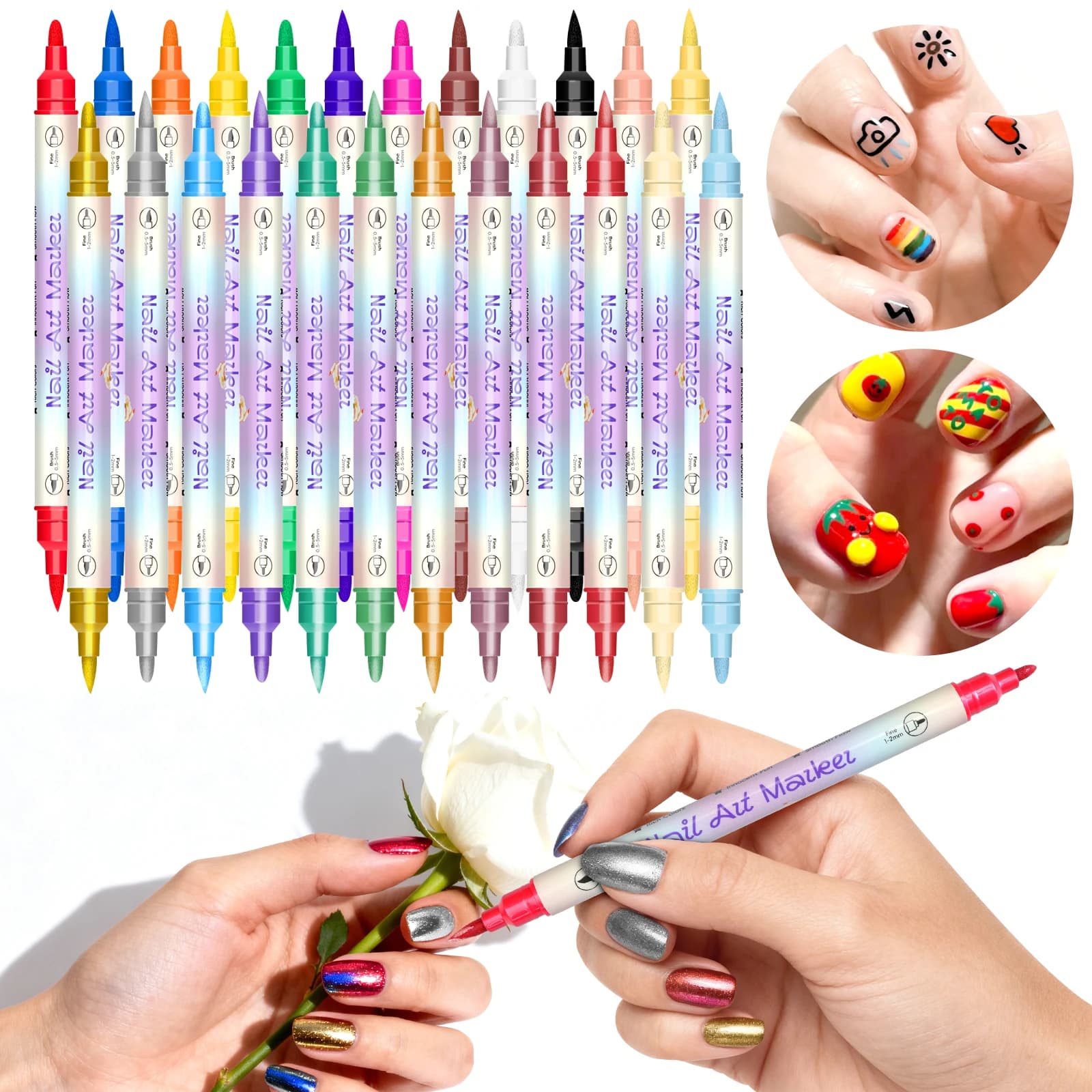Penna per Nail Art a Doppia Punta, Disponibile in 12 o 24 Colori, Design Doppio con 0. Pennello da 5-5 mm + punta fine da 1-2 mm, a base d'acqua ad asciugatura rapida, colori perlescenti/metallici ad alta saturazione per applicazione in un solo gesto, non necessita di lampada di polimerizzazione, adatto a diversi materiali, uno strumento pratico per artisti e appassionati di nail art per creare decorazioni personalizzate.