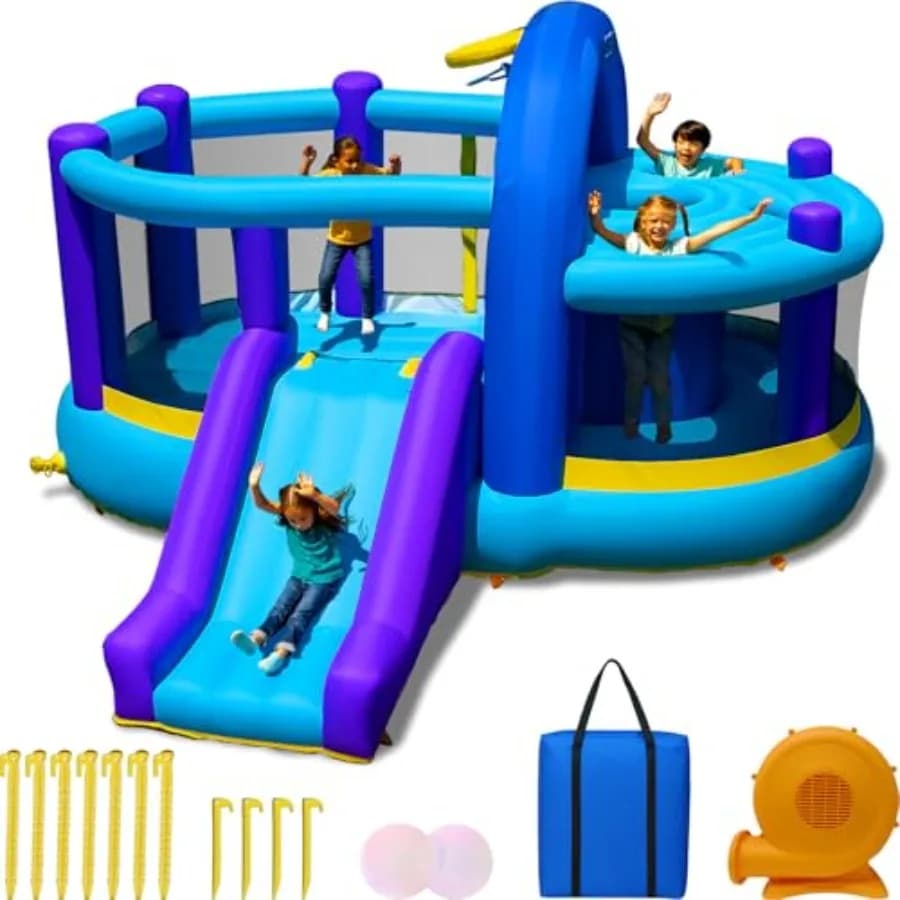 Casa Gonfiabile Whack-A-Play con Canestro da Basket, Scivolo e Soffiatore Rapido: Età Consigliata 3-8 Anni Blu/Viola e Y