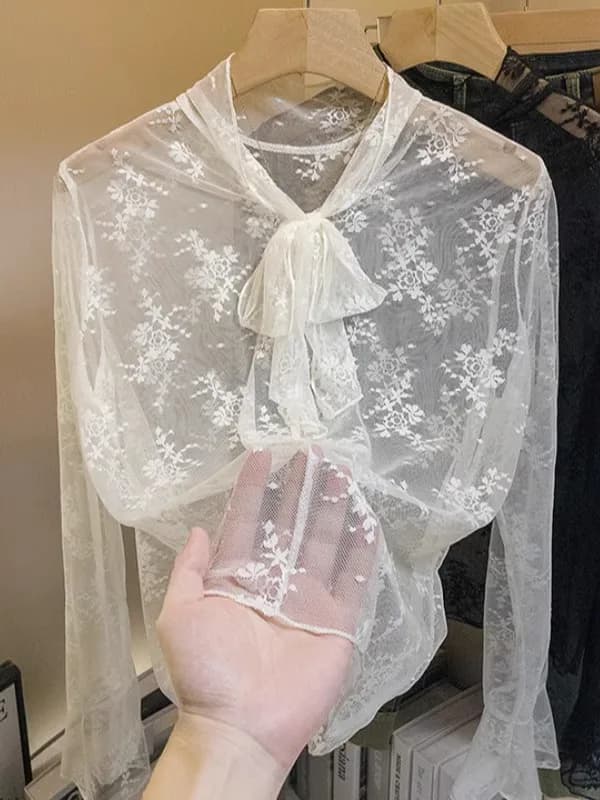 Lace Knot Belted Women's Shirt Early Spring plus Size Mesh Underwear Top Korean Style Loose Fit Long Sleeve