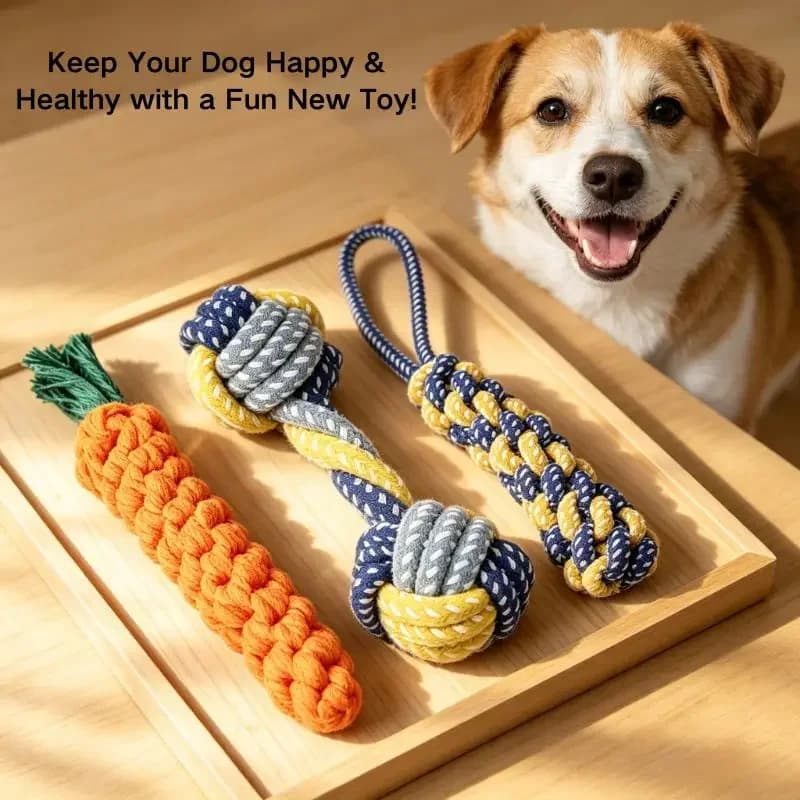 1A-Cotton Rope Dog Chew Toy, Carrot Corn Stick & Dumbbell Shaped - Teeth Cleaning & Bite-Resistant for Small Medium Dogs