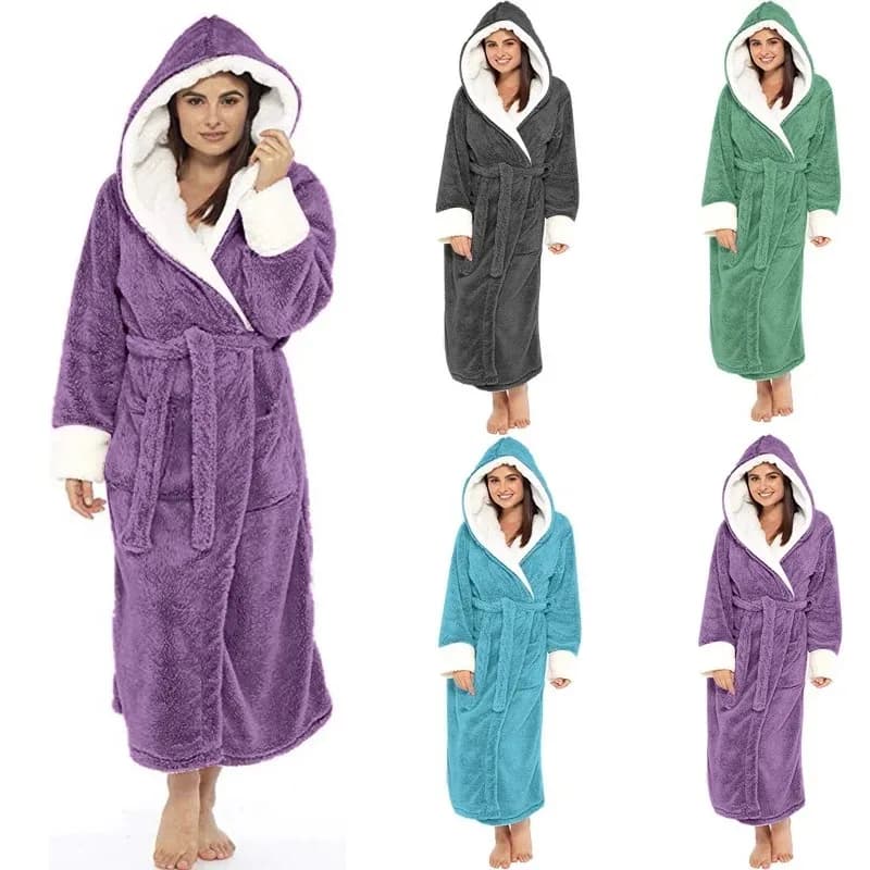 New Long Plush Bathrobe 2026 for Women, Warm with Pile Hood, Soft and Comfortable for Winter