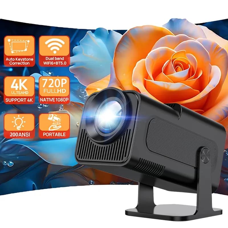 HY320Mini Videoproiettore bianco con sistema Android 11.0, 180 ° Proiettore hy300 con rotazione regolabile e 200 ANSI e doppio proiettore WIFI6