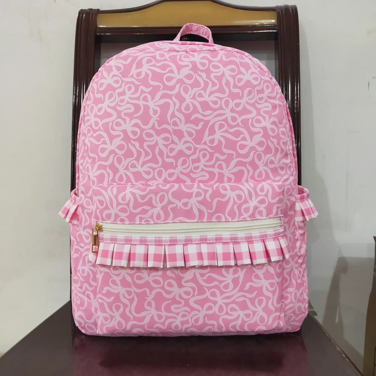 Zaino per bambini all'ingrosso con fiocchi rosa per bambini, portatile, per bambini, per la scuola, per bambini, a quadri, per bambina, boutique, zaino con volant scozzese