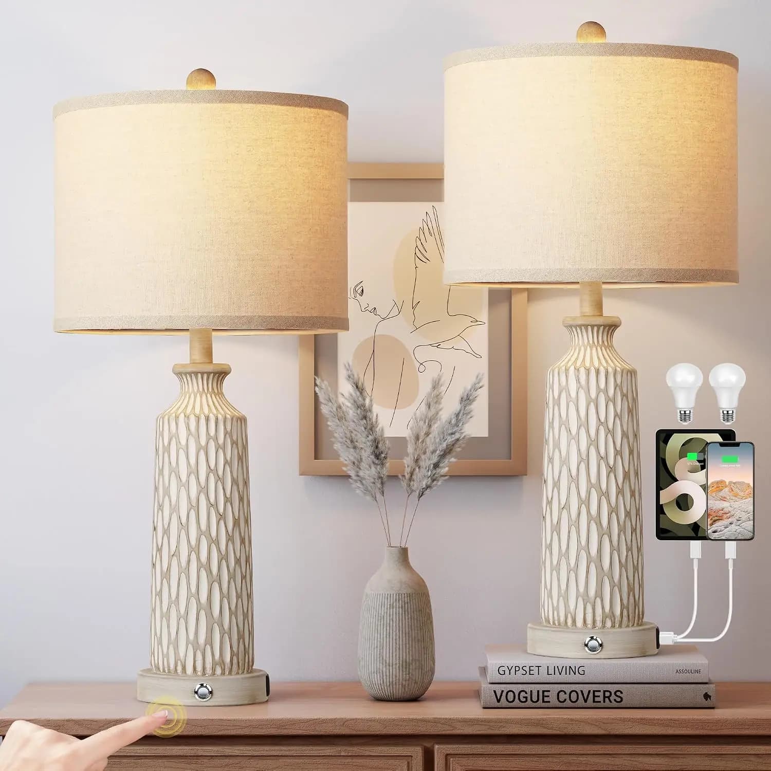 26" Farmhouse Bedside Lamps Set of 2, Touch Control 3-Way Dimmable, USB A+C Charging Ports, Modern Off-White Resin Table Lamps for Living Room, Included 2700K LED Bulbs