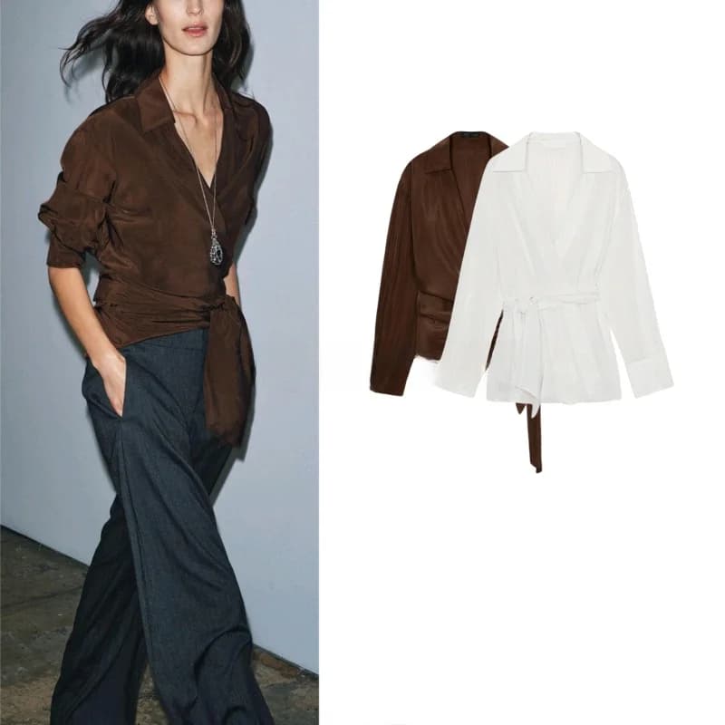 Nuova Camicia Invernale da Donna con Cintura Annodata, Doppio Petto, Maniche Lunghe, Plissettata, Casual, in Fibra di Poliestere