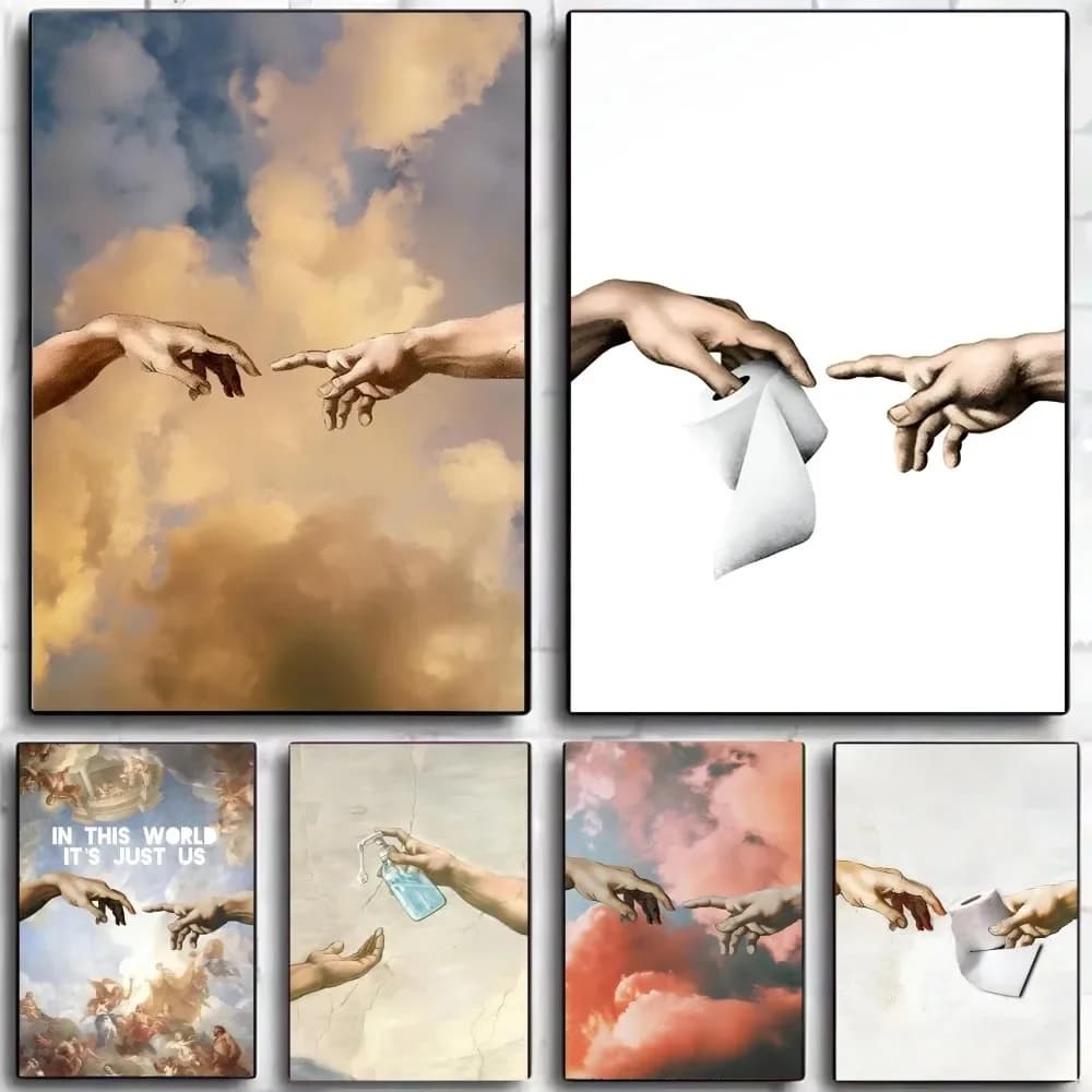 (No frame)1pc Retro Hand Of God And Adam Funny Toilet Paper Picture Poster HD Posters Home Room Bar Cafe Decor Art Wall Paint