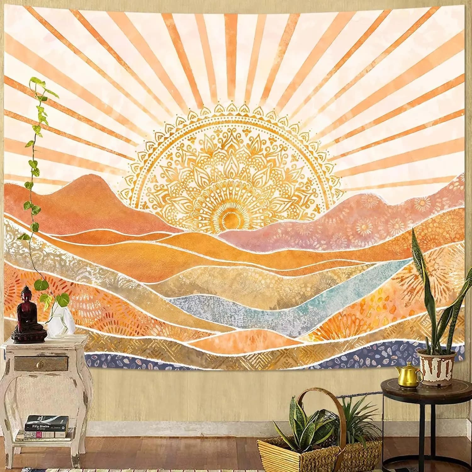 Aesthetic Boho Sun Mountain Tapestry, Watercolor Mandala Sunburst Wall Hanging, Bohemian Landscape Tapestry for Bedroom Living